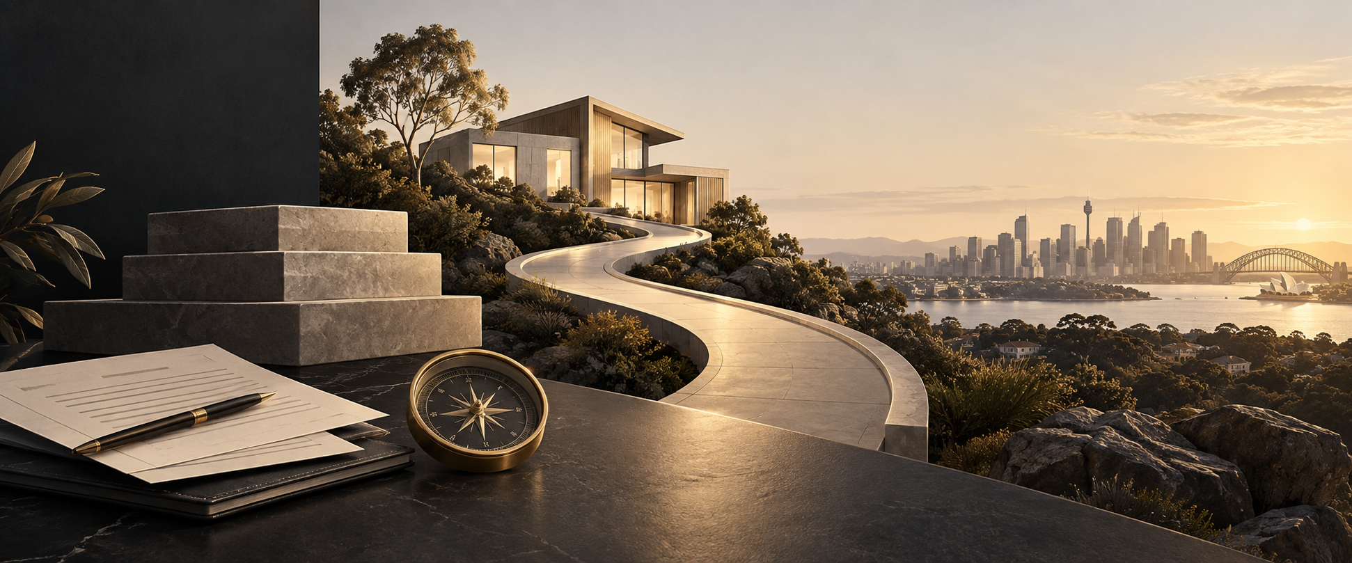 Illustrated property investment journey from strategy to a modern Australian home
